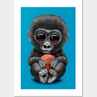 Cute Baby Gorilla Playing With Basketball Posters and Art